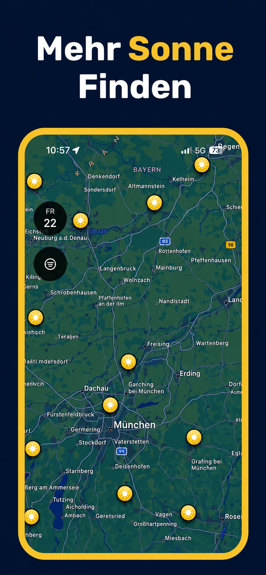 SunLine Karte rund um München mit sonnigen Platzmarkern